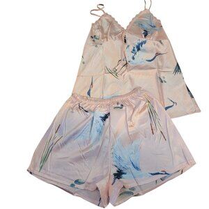 Pretty White Crane on Pink Satin 2PC Pajama/Lounge Wear Set